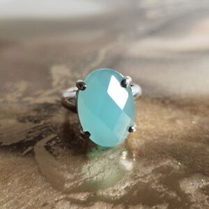 Sterling Silver Cocktail Ring with Faceted Aqua Glass Gem | Size 6.75